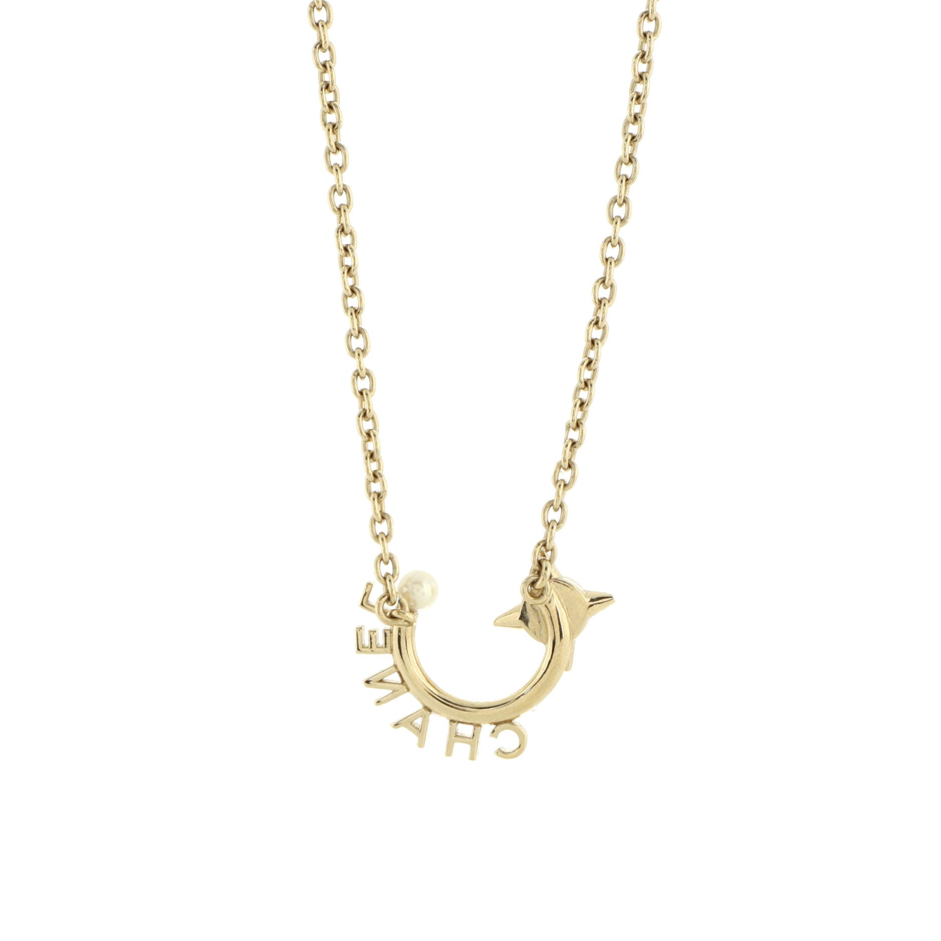 Logo Semicircle Pendant Short Necklace Metal with Faux Pearls