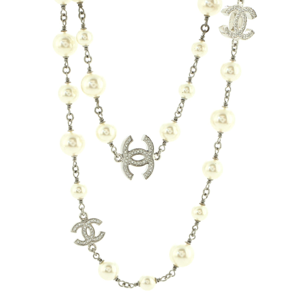 CC Station Long Necklace Metal with Faux Pearls and Crystals