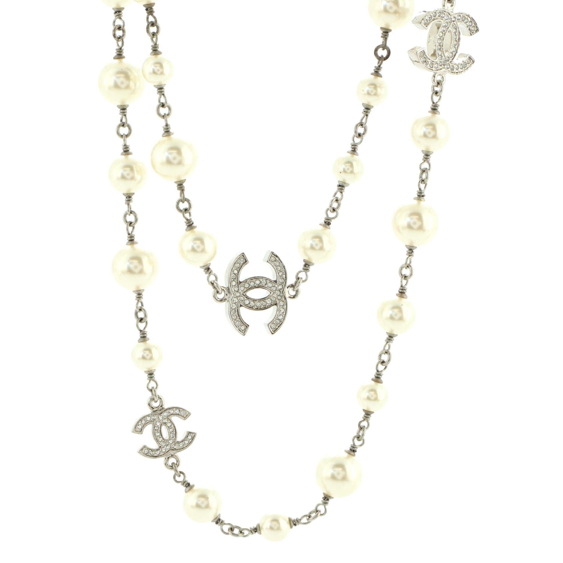 CC Station Long Necklace Metal with Faux Pearls and Crystals