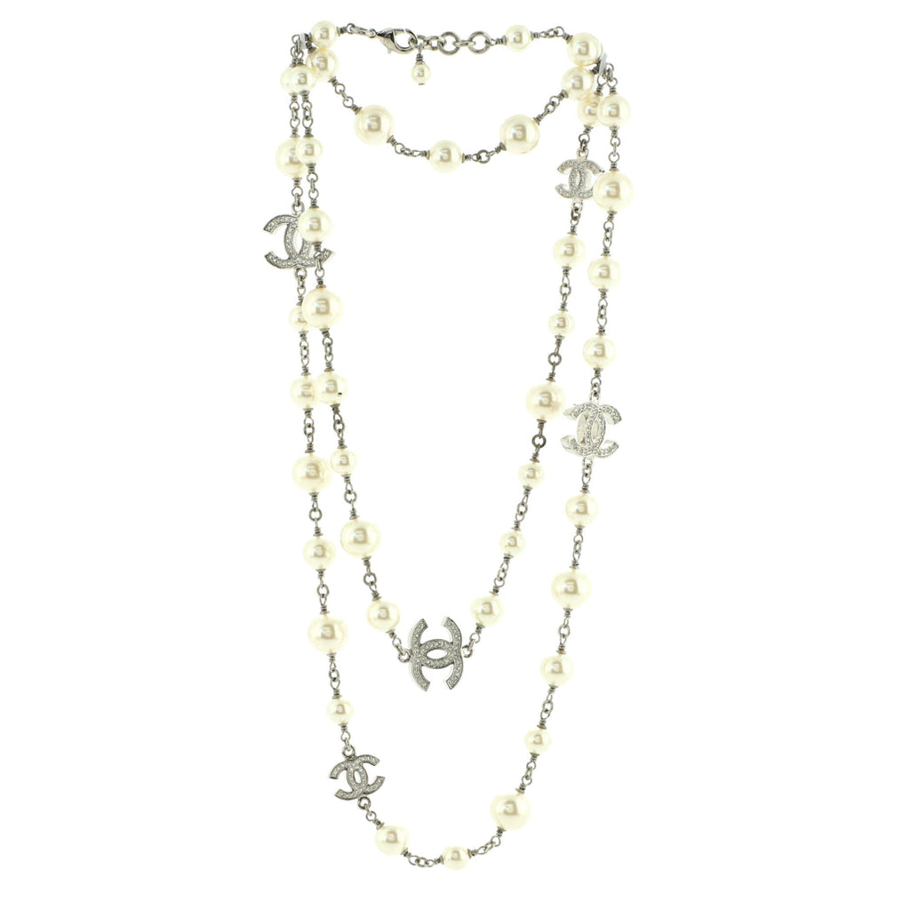 CC Station Long Necklace Metal with Faux Pearls and Crystals