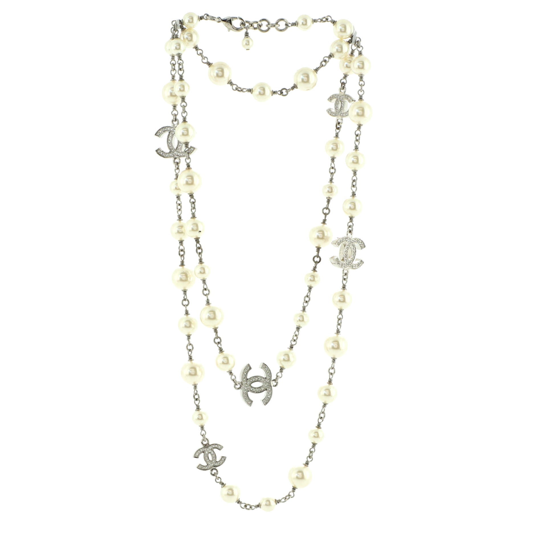 CC Station Long Necklace Metal with Faux Pearls and Crystals