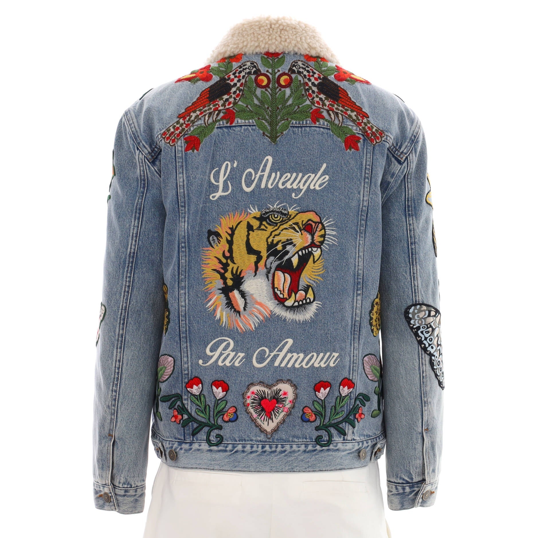 Women's DIY Patchwork Denim Jacket Denim with Faux Shearling Lining