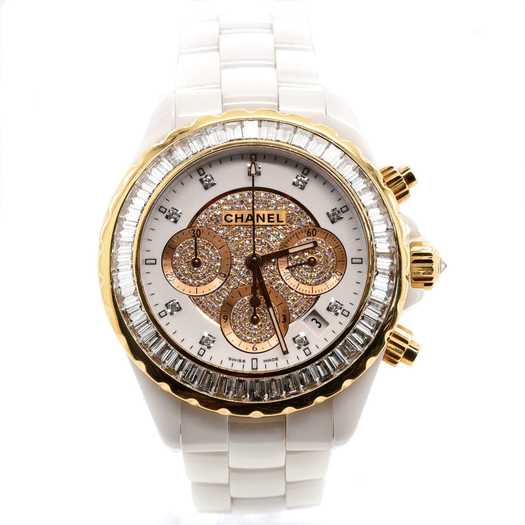 J12 Chronograph Automatic Watch Ceramic and Rose Gold with Baguette Diamond Bezel and Diamond Dial and Markers 41