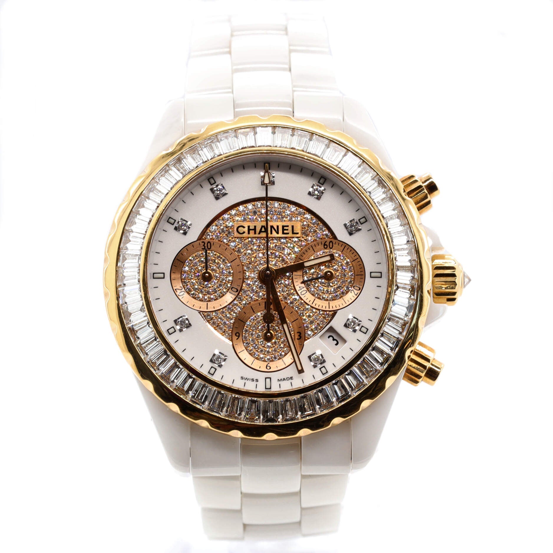 J12 Chronograph Automatic Watch Ceramic and Rose Gold with Baguette Diamond Bezel and Diamond Dial and Markers 41