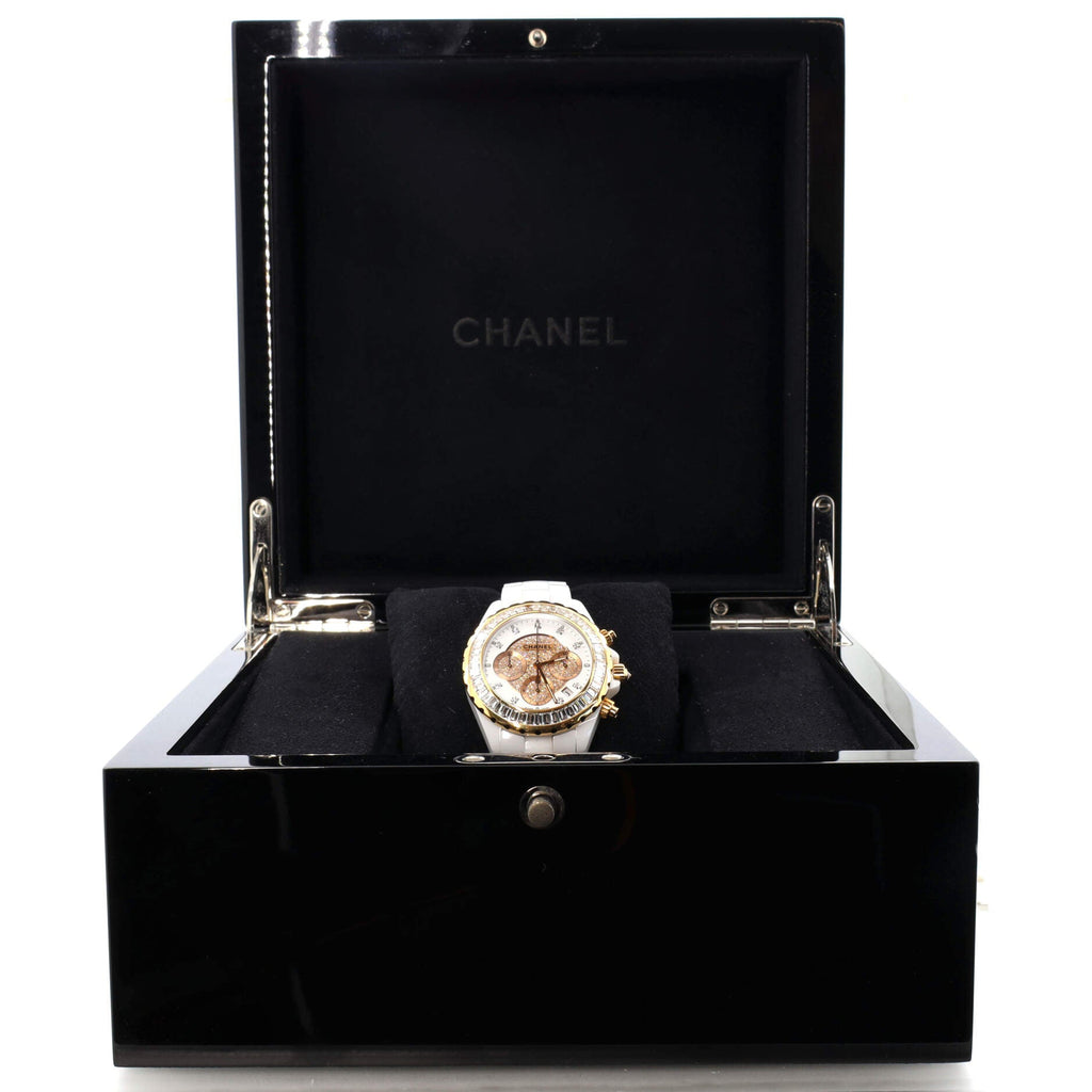 J12 Chronograph Automatic Watch Ceramic and Rose Gold with Baguette Diamond Bezel and Diamond Dial and Markers 41