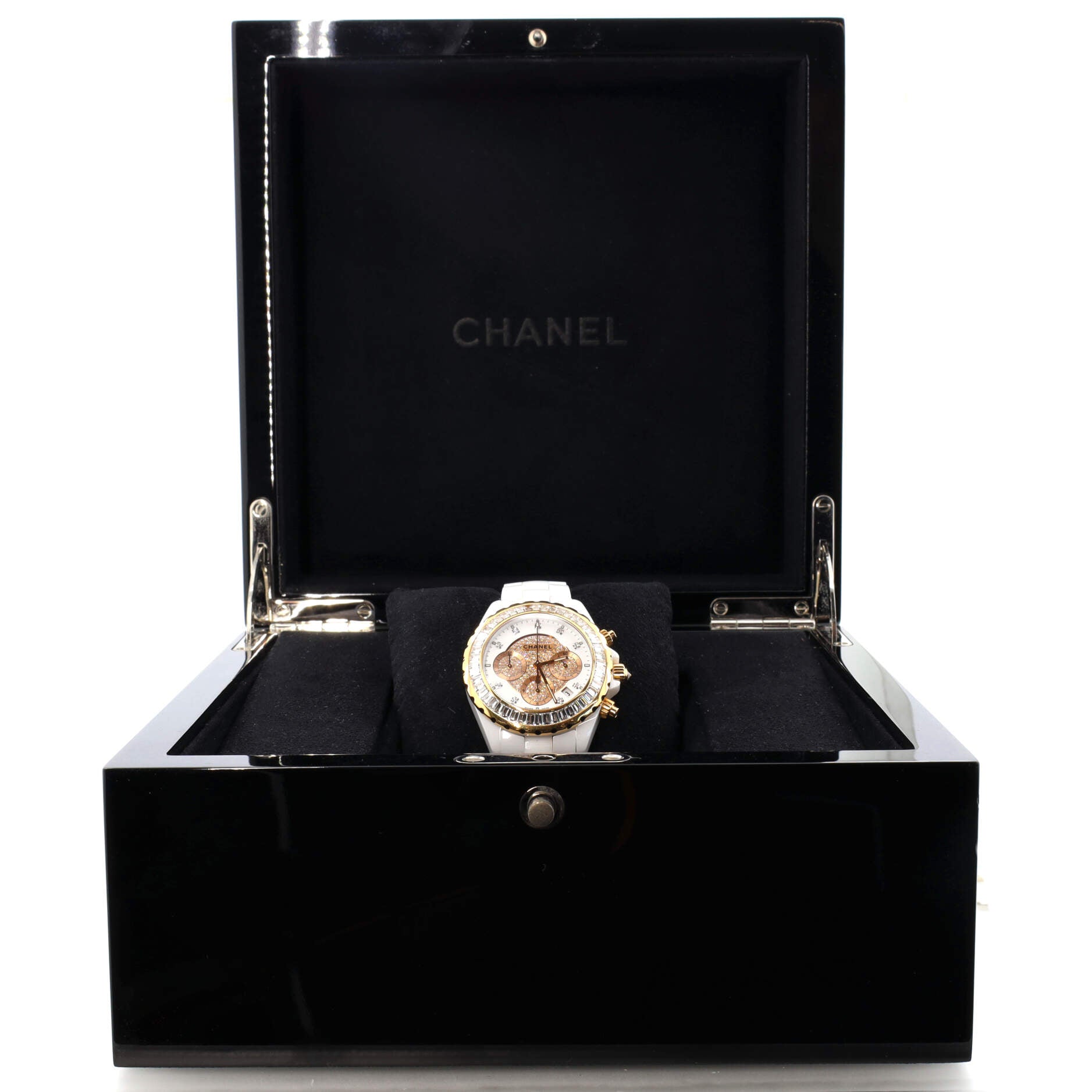 J12 Chronograph Automatic Watch Ceramic and Rose Gold with Baguette Diamond Bezel and Diamond Dial and Markers 41