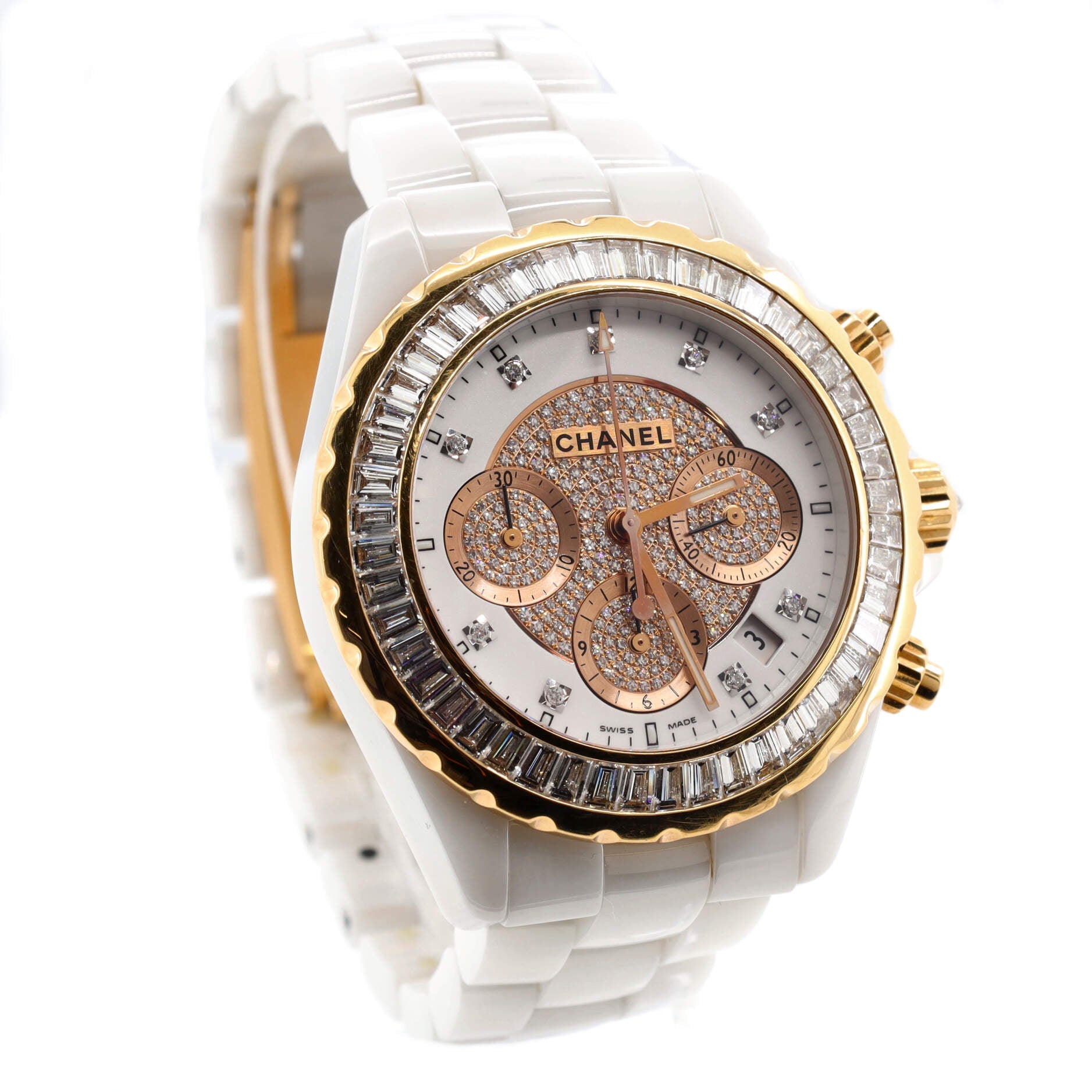 J12 Chronograph Automatic Watch Ceramic and Rose Gold with Baguette Diamond Bezel and Diamond Dial and Markers 41