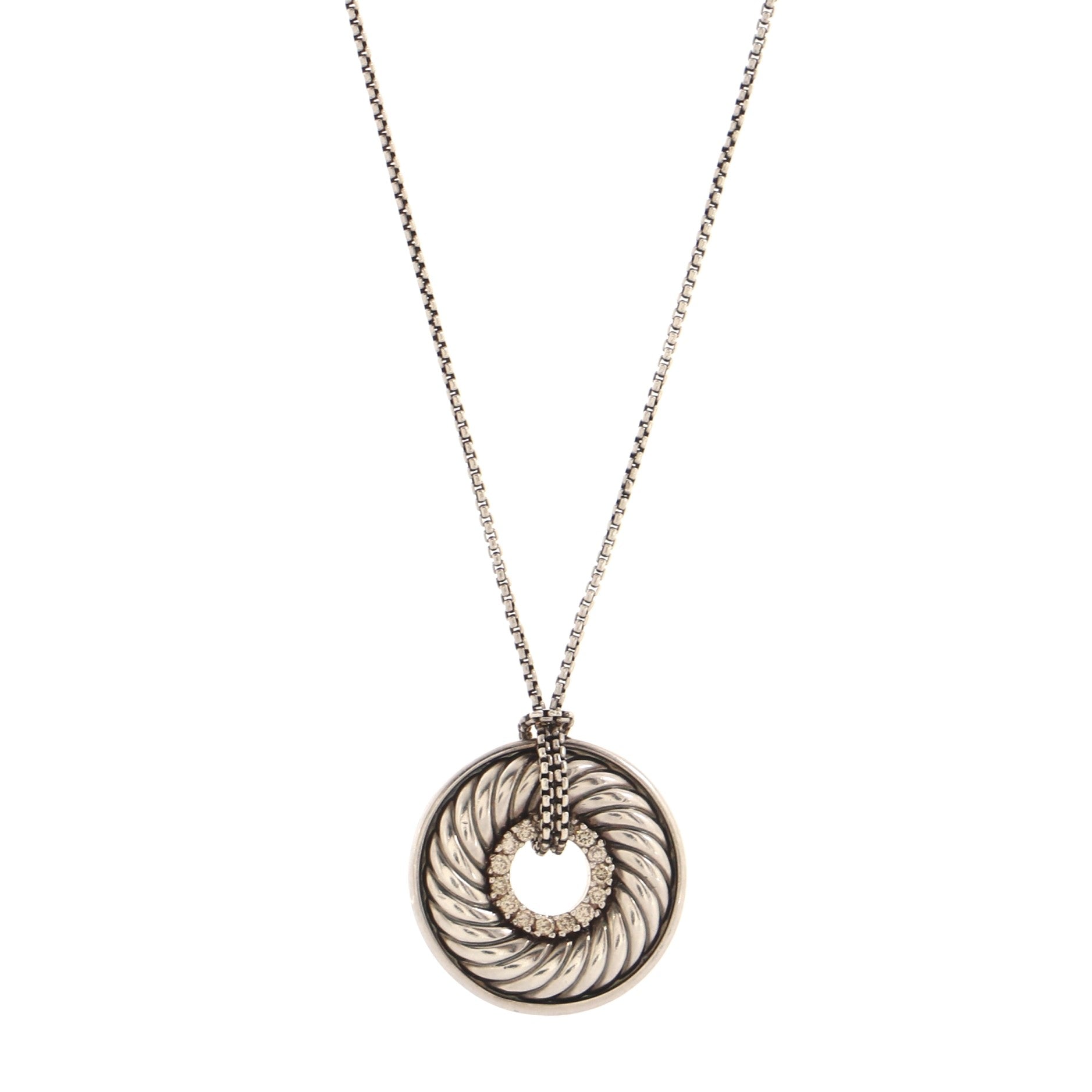 Sculpted Cable Disc Necklace Sterling Silver and Diamonds