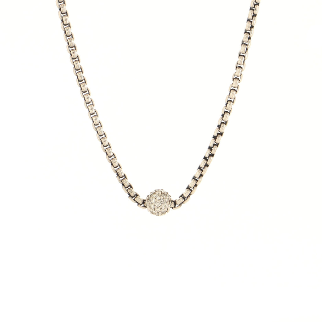Ball Pendant Box Chain Necklace Sterling Silver with 18k White Gold and Diamonds
