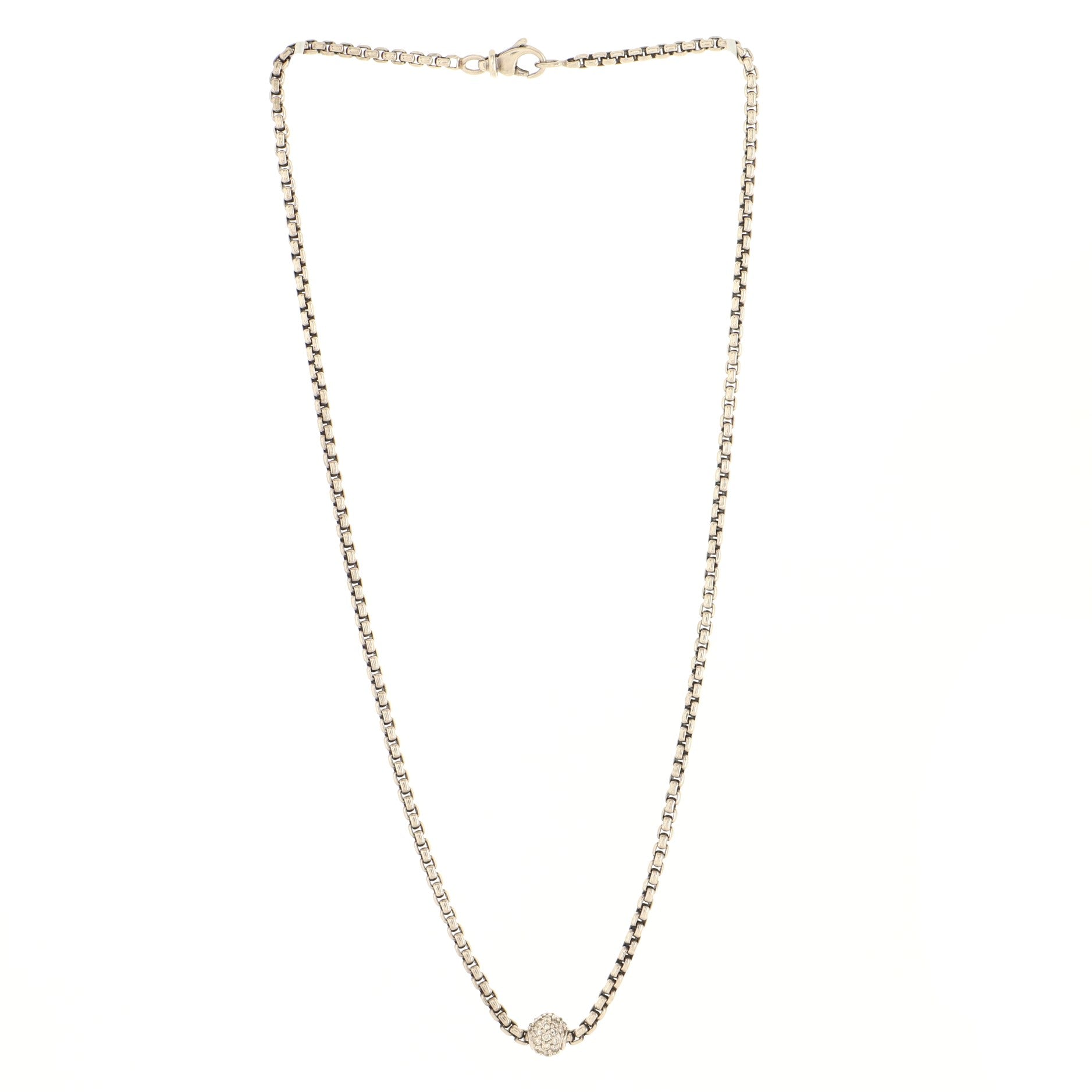 Ball Pendant Box Chain Necklace Sterling Silver with 18k White Gold and Diamonds