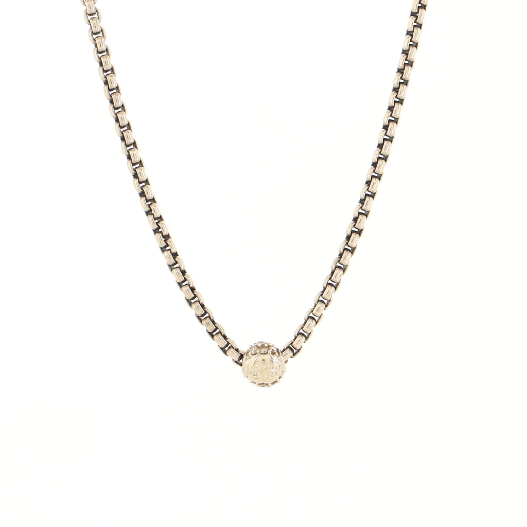 Ball Pendant Box Chain Necklace Sterling Silver with 18k White Gold and Diamonds