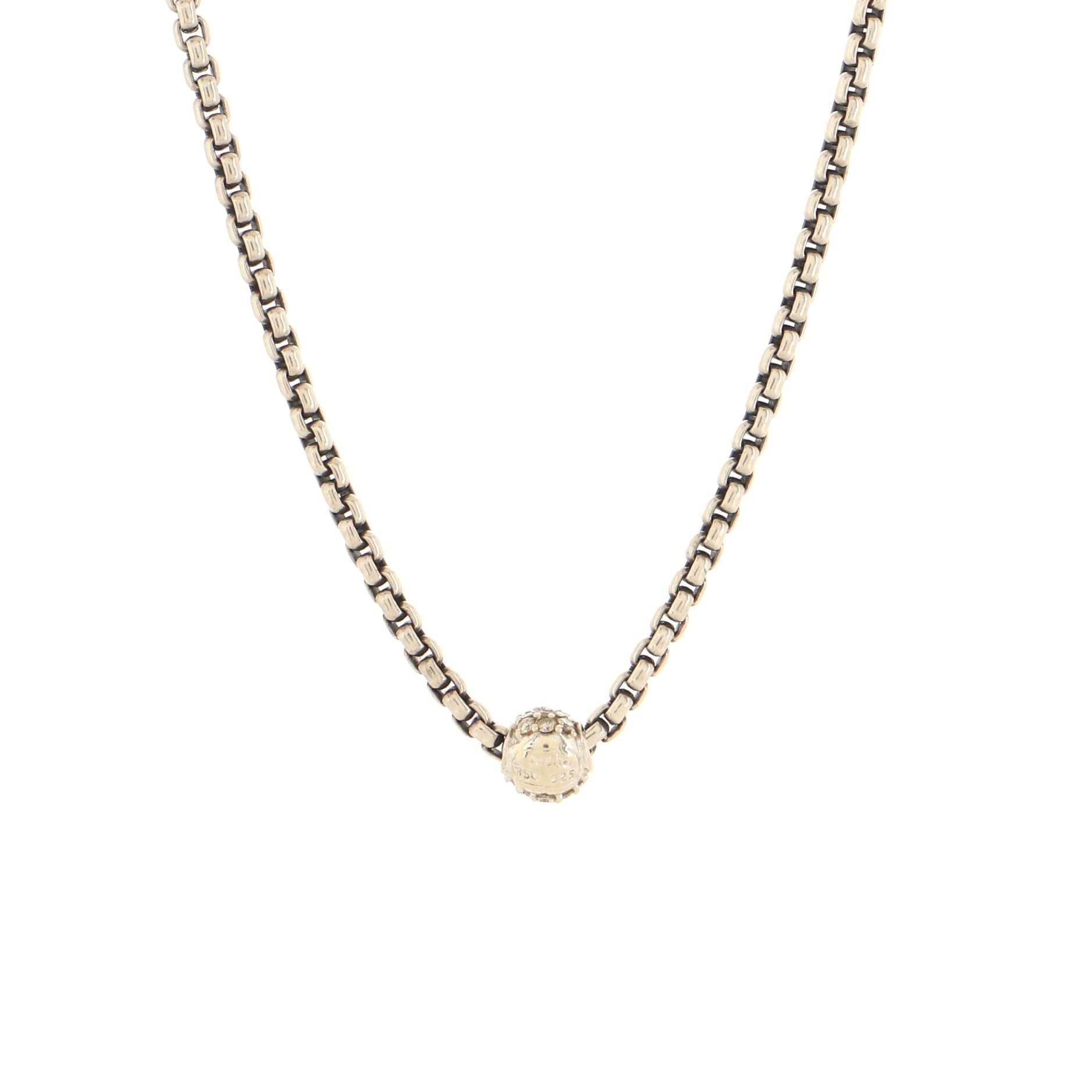 Ball Pendant Box Chain Necklace Sterling Silver with 18k White Gold and Diamonds