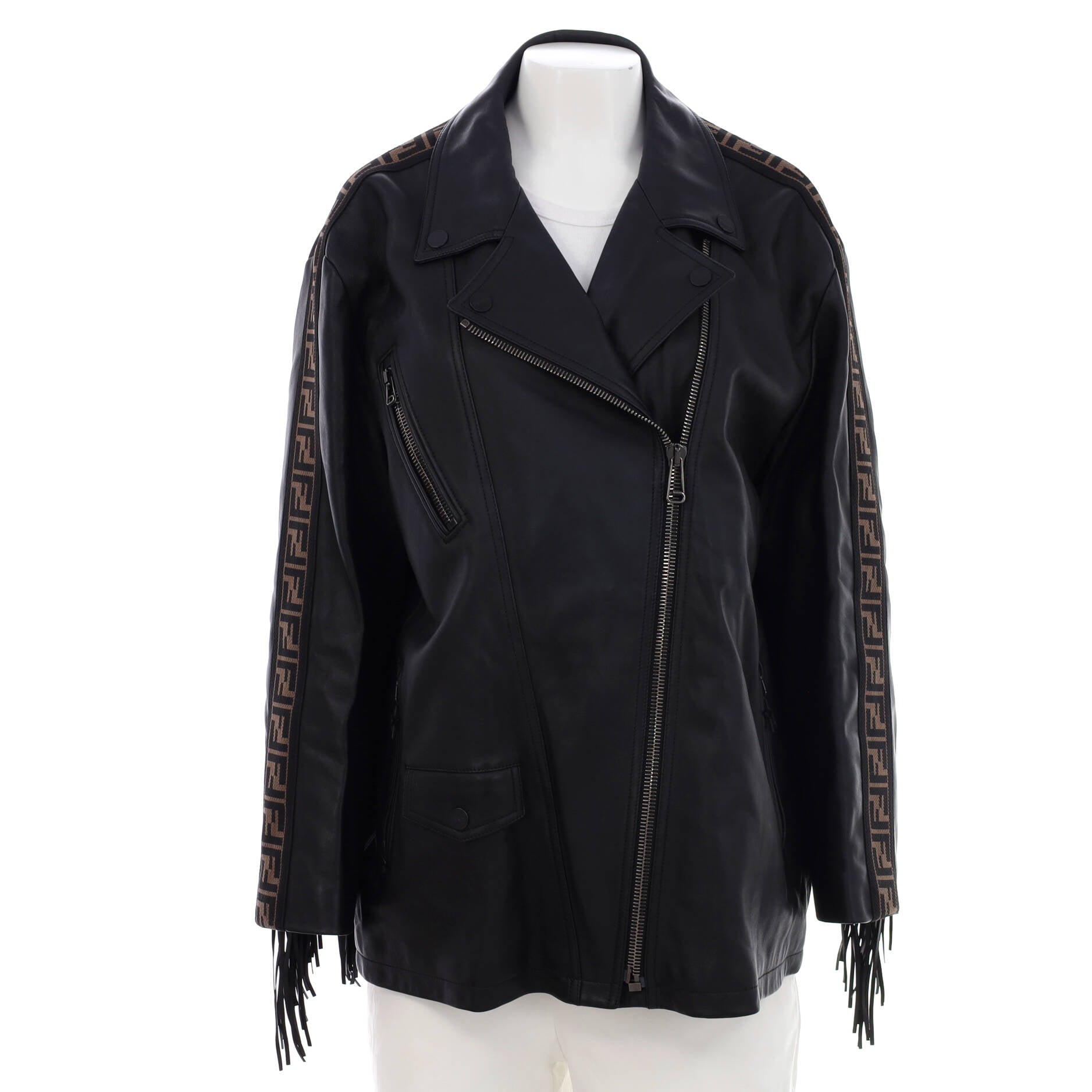 Women's Fringe Biker Jacket Leather with Zucca Jacquard