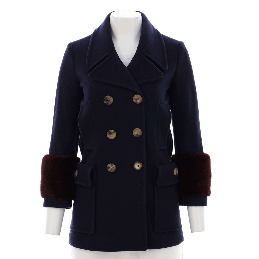 Women's Contrast Cuff Peacoat Wool Blend with Fur