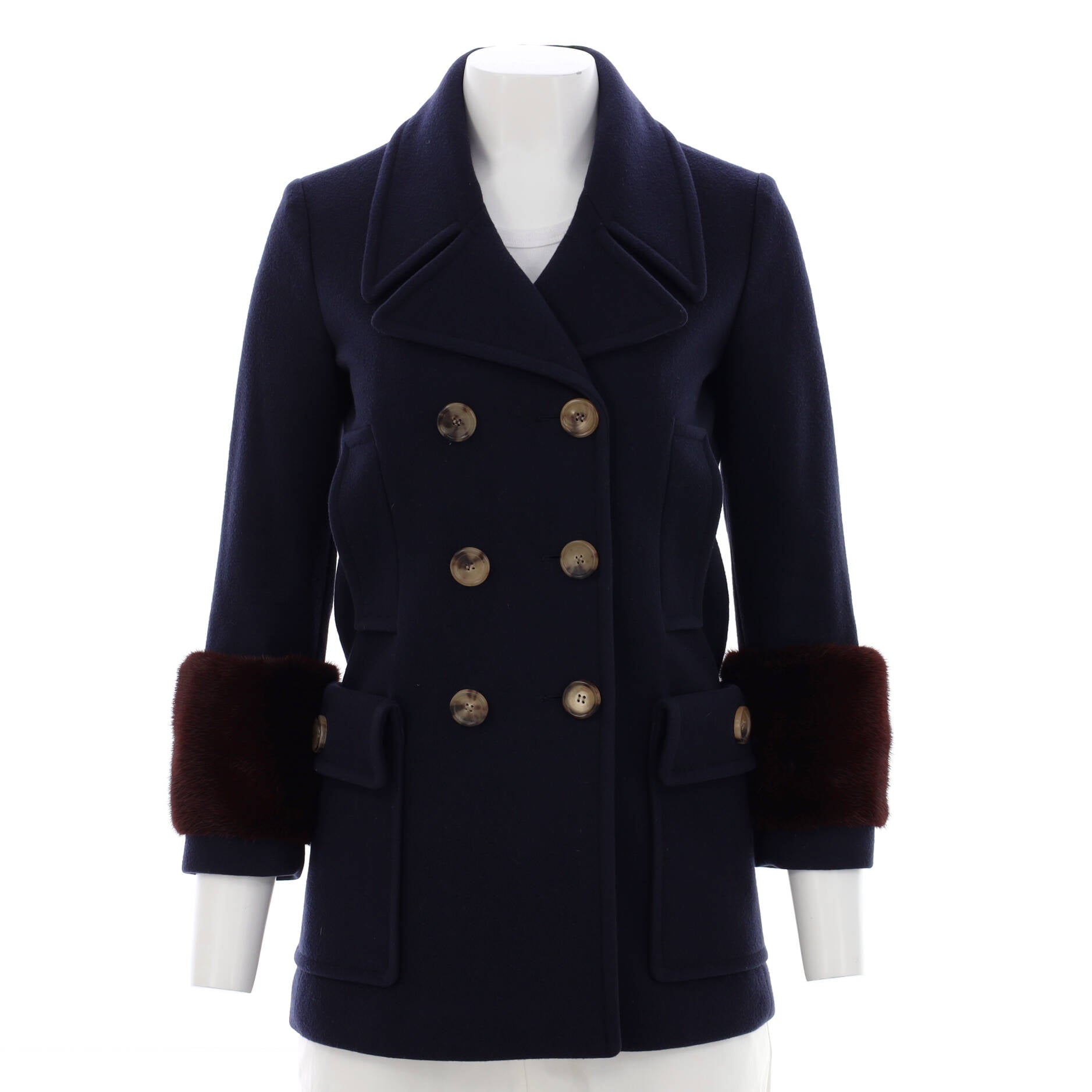 Women's Contrast Cuff Peacoat Wool Blend with Fur