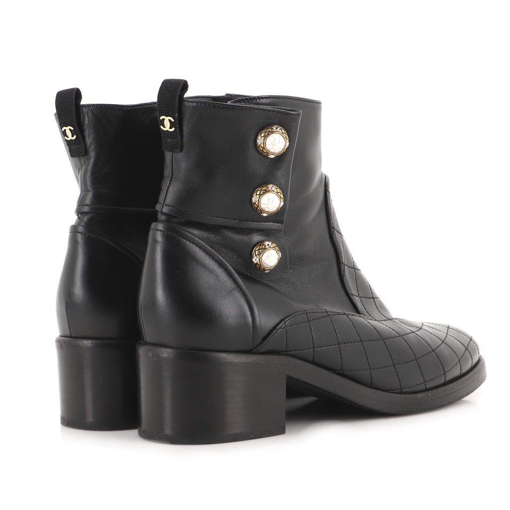 Women's Pearl Button Ankle Boots Quilted Leather with Faux Pearls