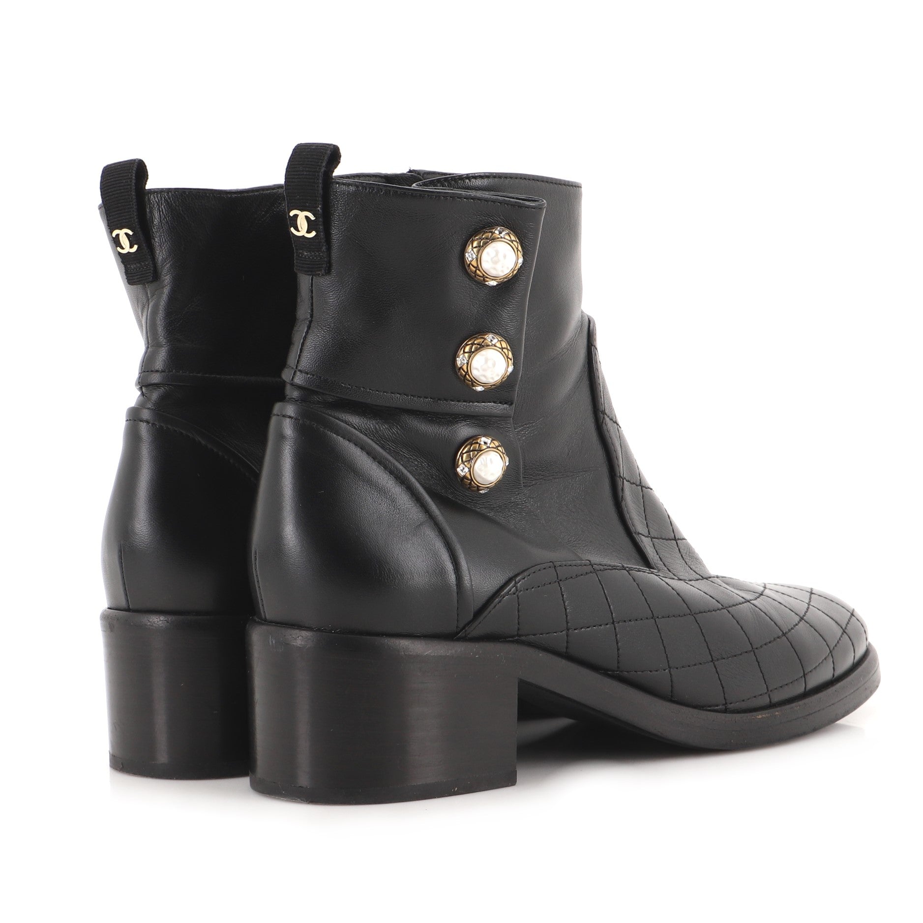 Women's Pearl Button Ankle Boots Quilted Leather with Faux Pearls