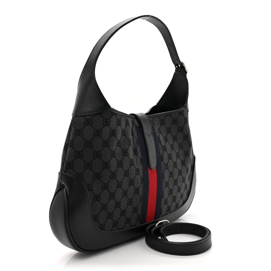 X BALENCIAGA Supreme Monogram Calfskin Web Medium Jackie 1961 Hobo Black