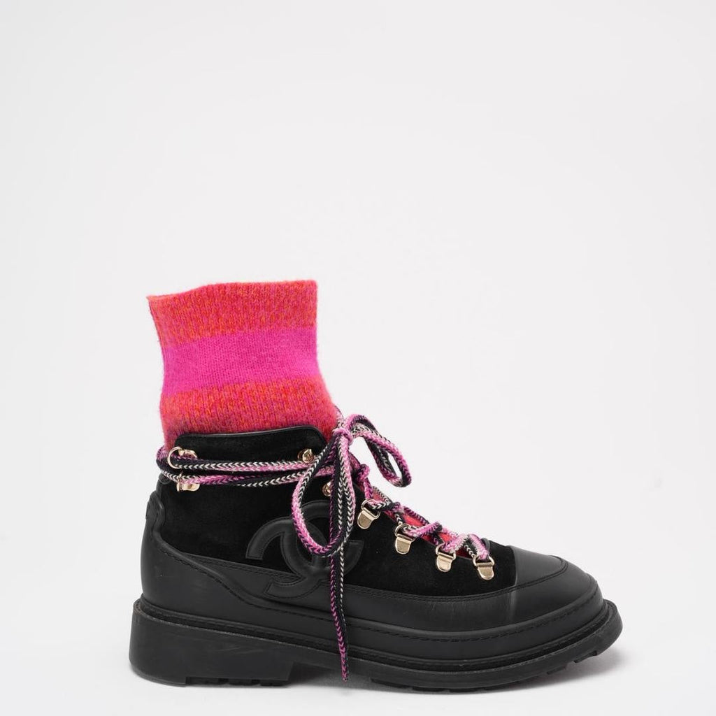 Chanel Pink / Black Chunky Sole Snow Boots 38 ½
