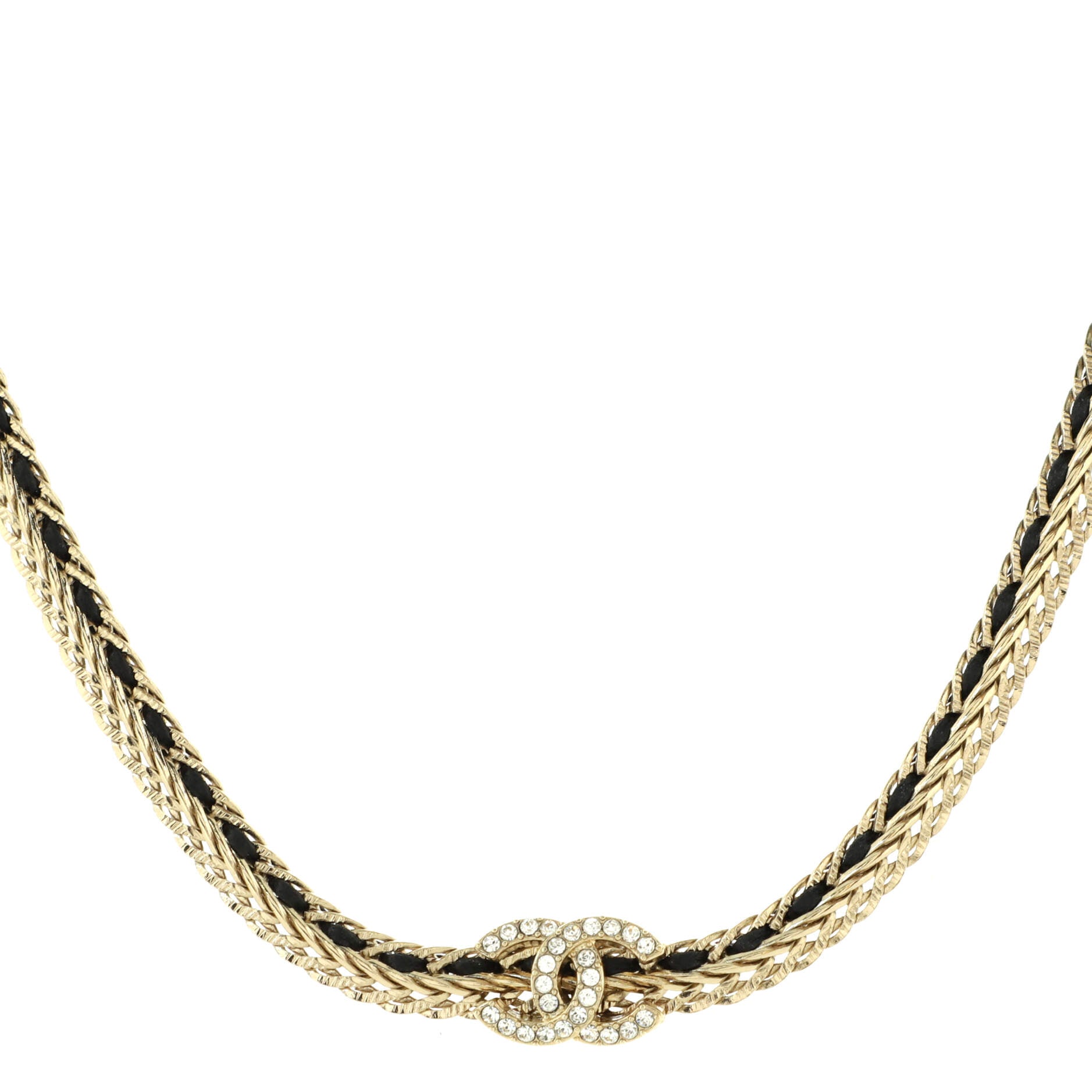 CC Woven Chain Choker Necklace Metal and Leather with Crystals
