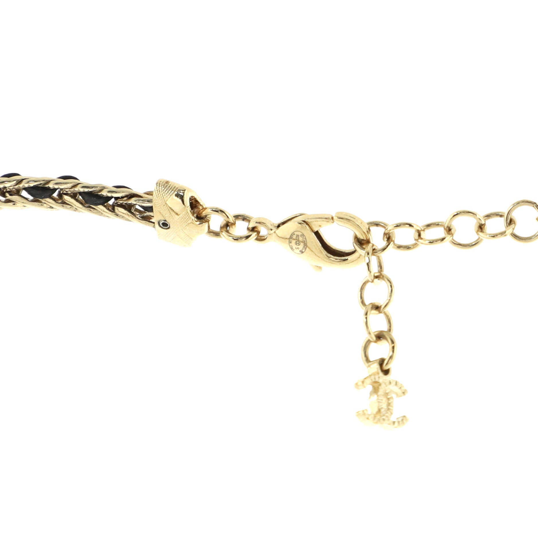 CC Woven Chain Choker Necklace Metal and Leather with Crystals