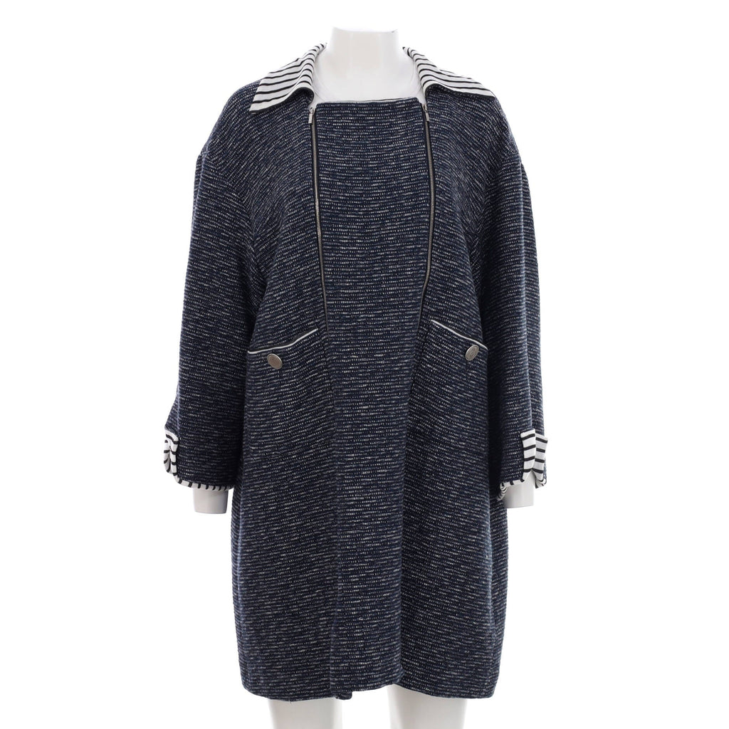 Women's Double Zipper Striped Collar Coat Tweed