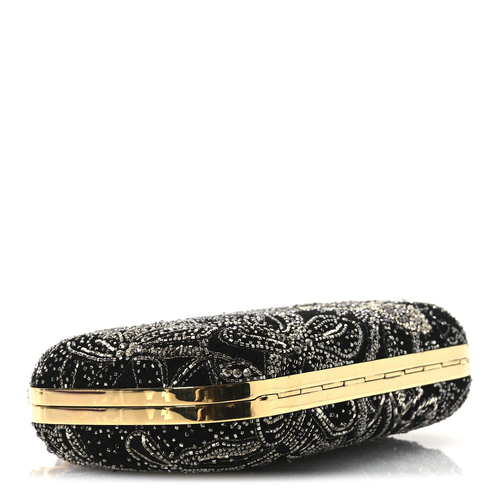 Suede Embroidered Knuckle Box Clutch Black