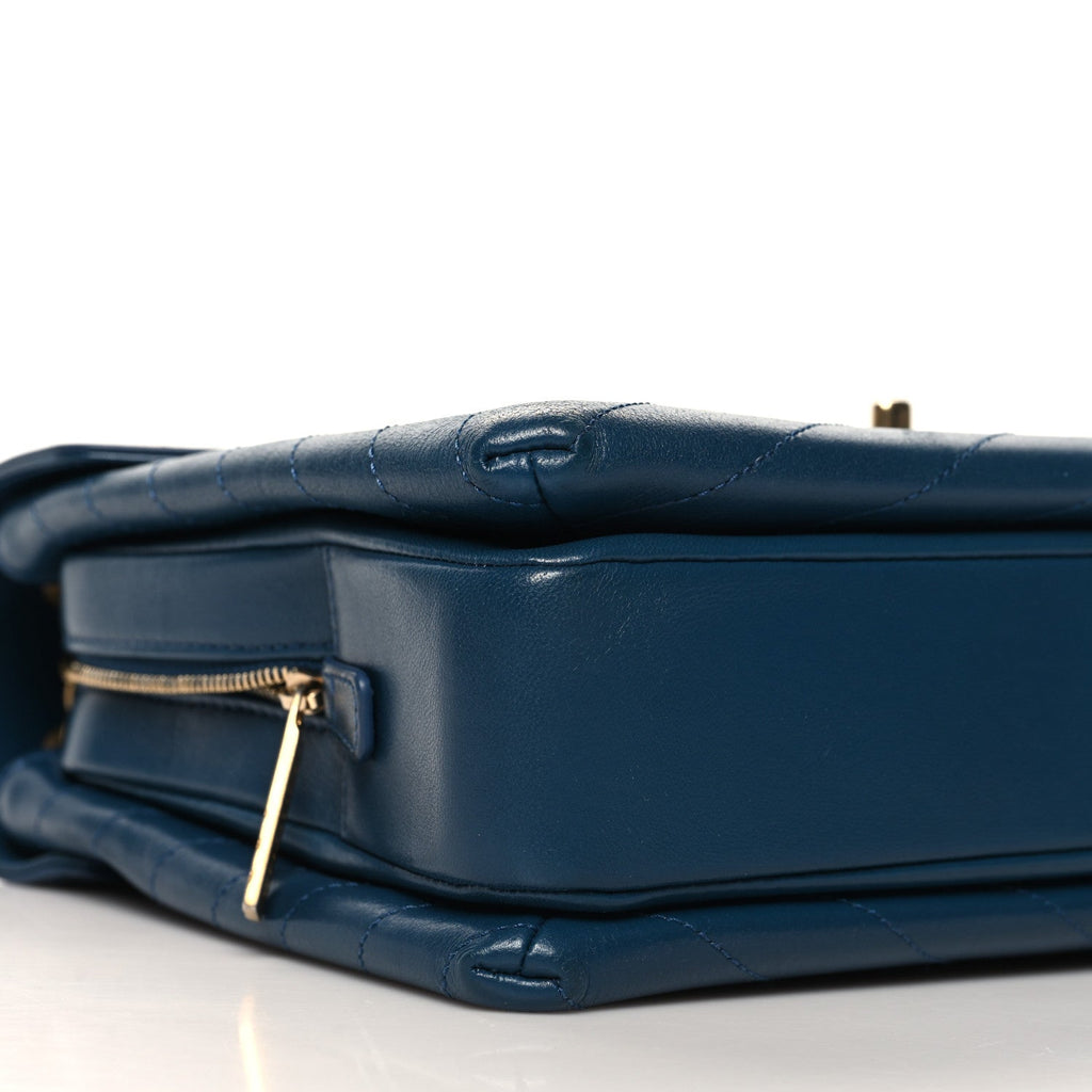 Lambskin Chevron Stitched Large Envelope Flap Blue