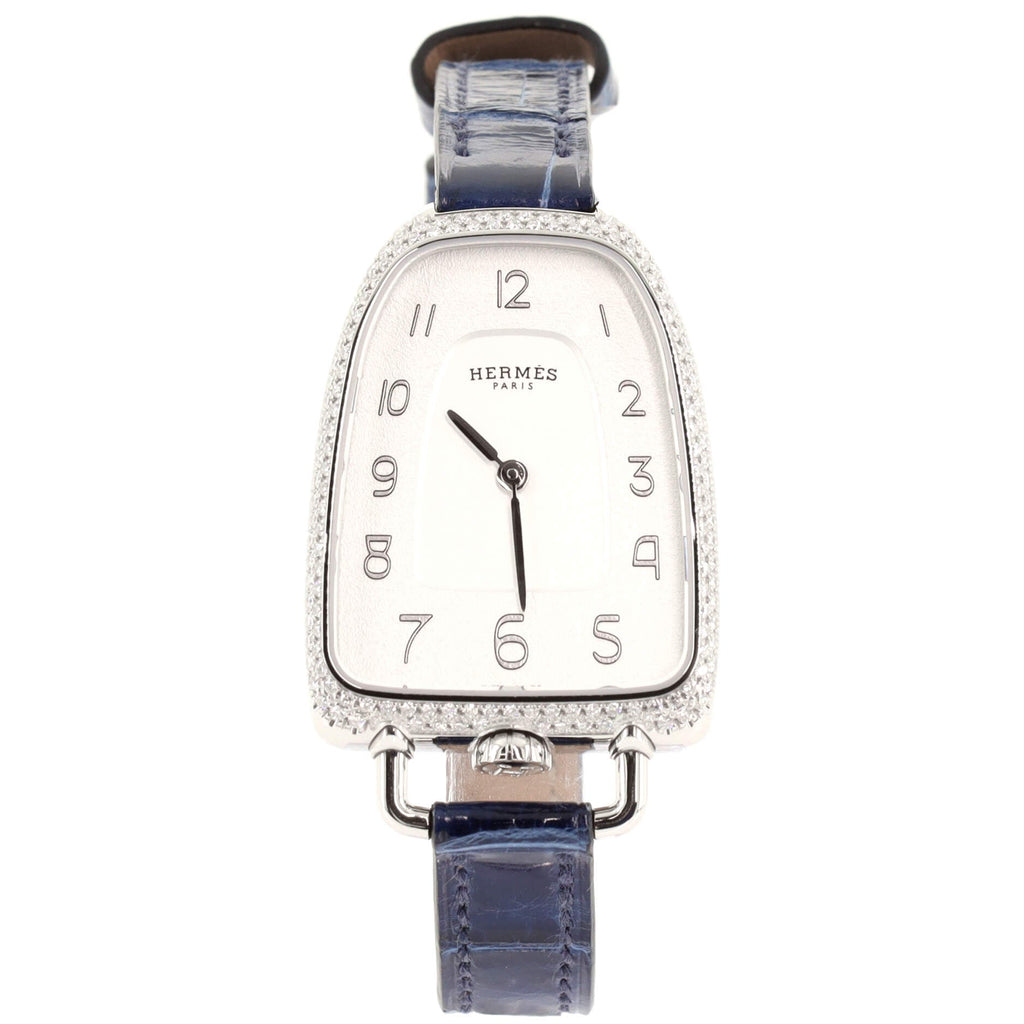Galop d'Hermes Quartz Watch Stainless Steel and Alligator with Diamond Bezel 26