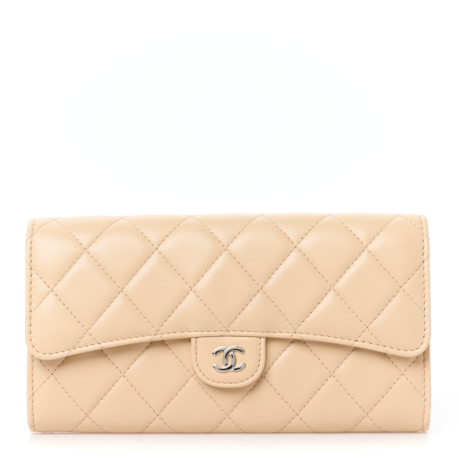 Lambskin Quilted CC Large Gusset Flap Wallet Beige