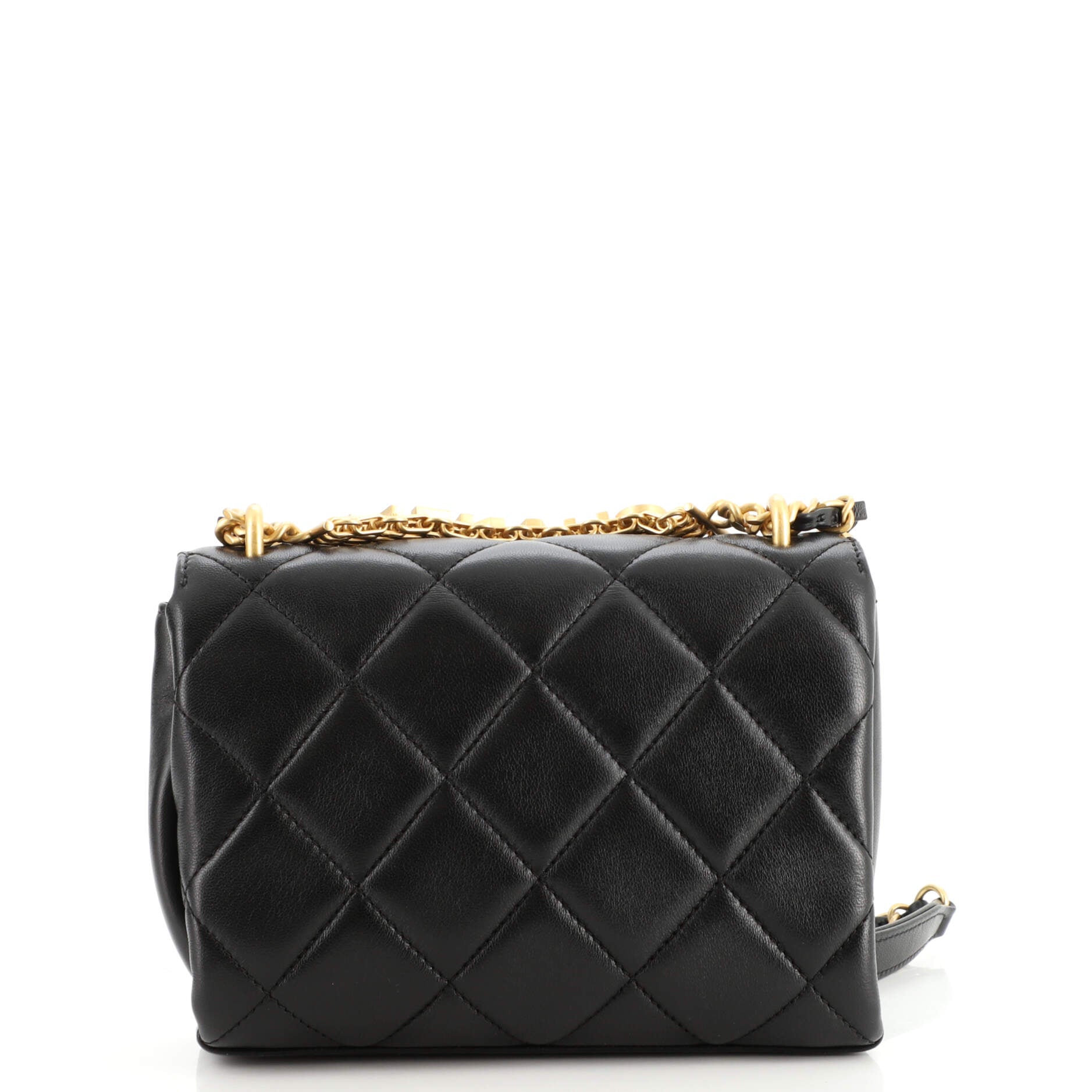 Crystal Logo Letters Chain Handle Flap Bag Quilted Lambskin Mini