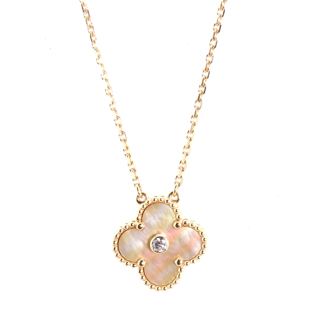 Vintage Alhambra Pendant Necklace 18K Yellow Gold and Gold Mother of Pearl with Diamond