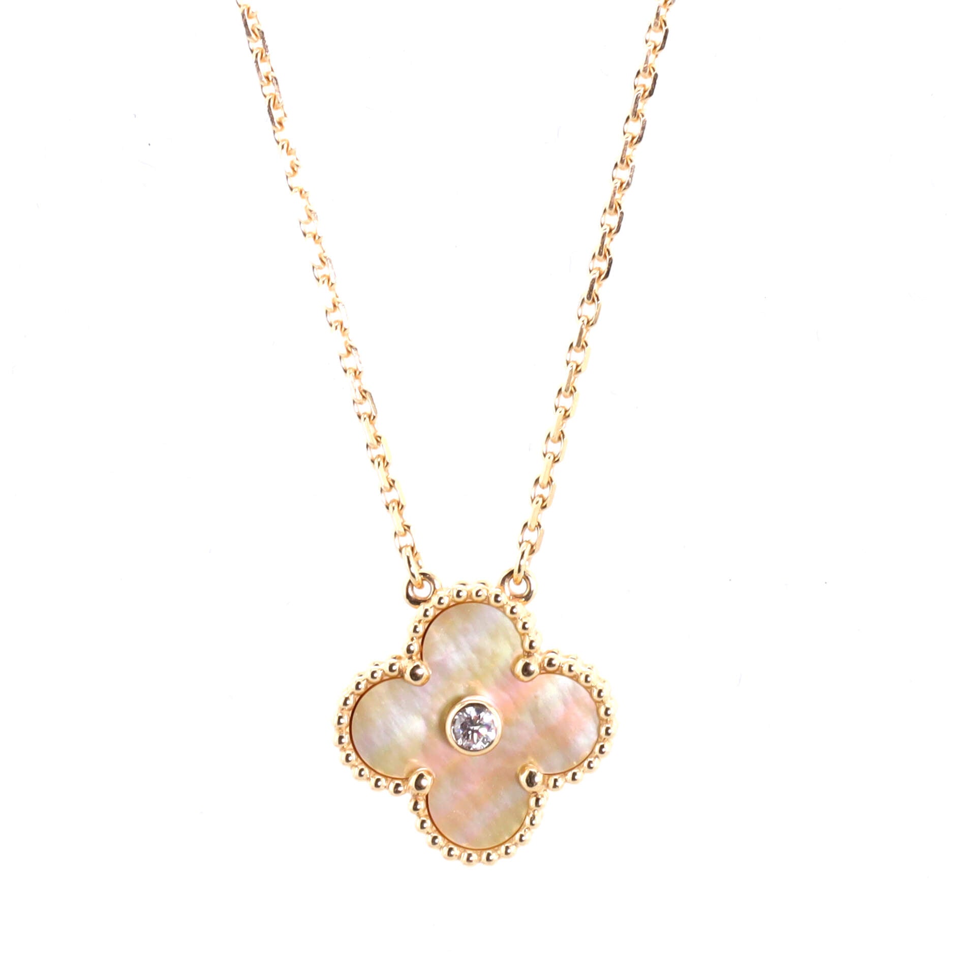 Vintage Alhambra Pendant Necklace 18K Yellow Gold and Gold Mother of Pearl with Diamond
