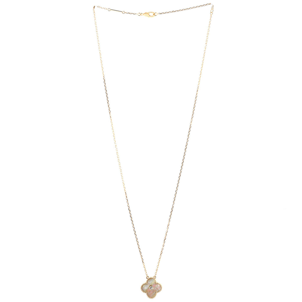 Vintage Alhambra Pendant Necklace 18K Yellow Gold and Gold Mother of Pearl with Diamond