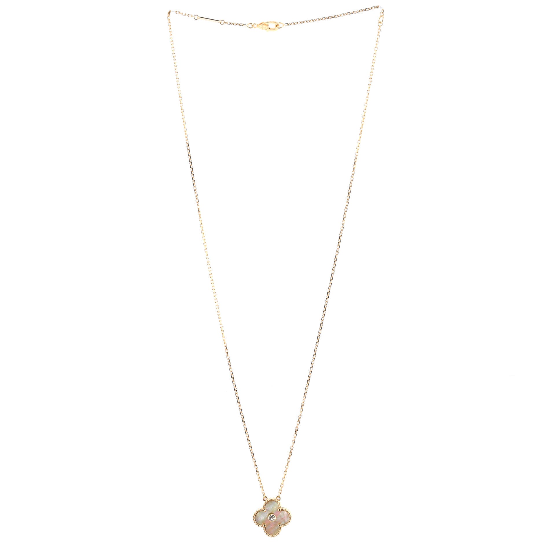 Vintage Alhambra Pendant Necklace 18K Yellow Gold and Gold Mother of Pearl with Diamond