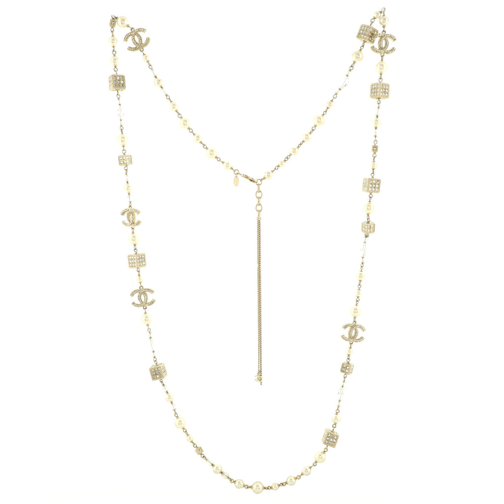 CC Cube Long Necklace Crystal Embellished Metal and Faux Pearl