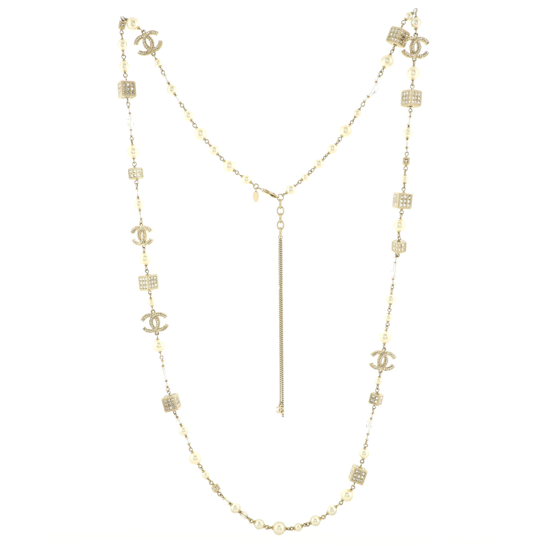 CC Cube Long Necklace Crystal Embellished Metal and Faux Pearl