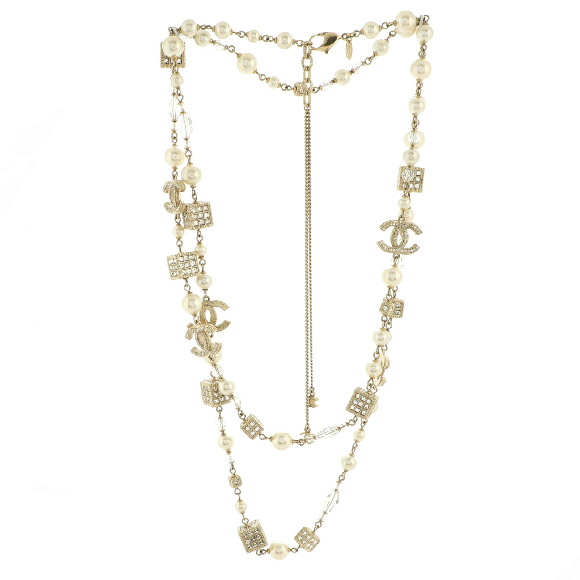 CC Cube Long Necklace Crystal Embellished Metal and Faux Pearl