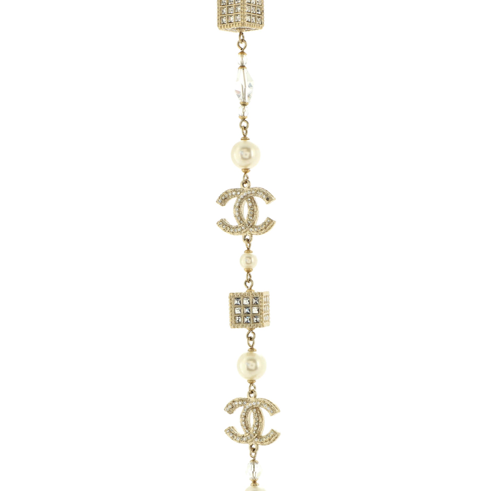 CC Cube Long Necklace Crystal Embellished Metal and Faux Pearl