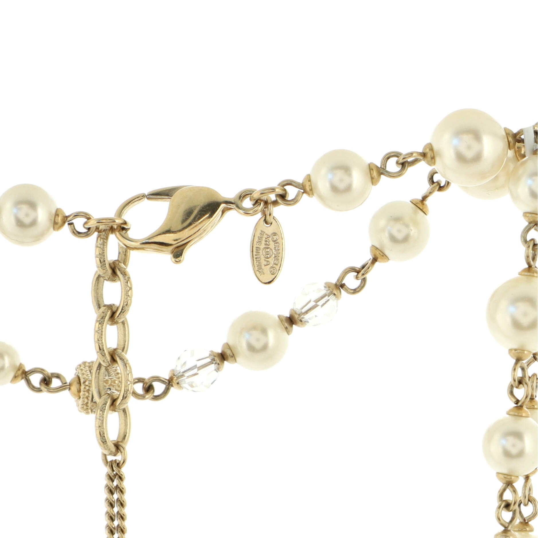 CC Cube Long Necklace Crystal Embellished Metal and Faux Pearl