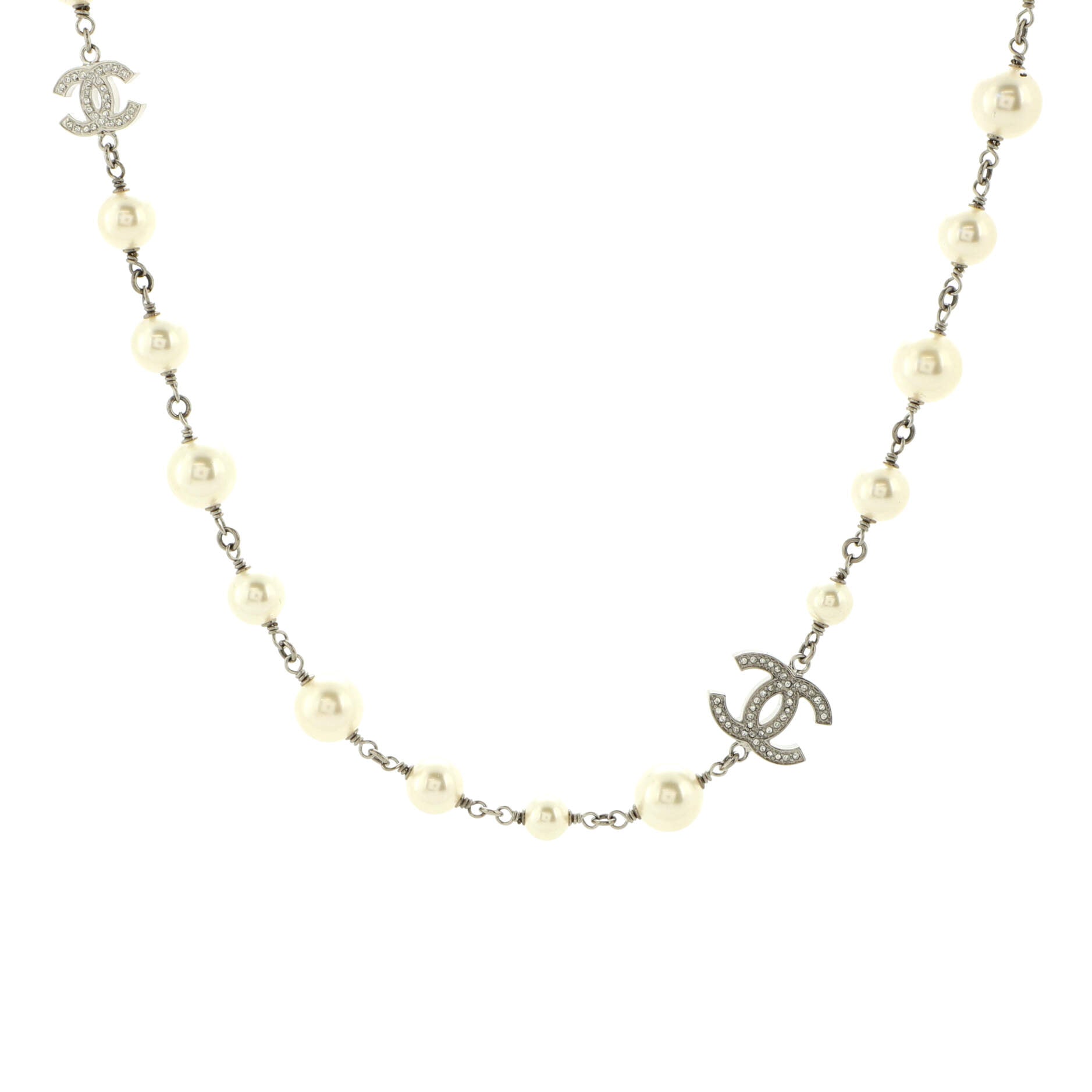 CC Station Long Necklace Metal with Faux Pearls and Crystals