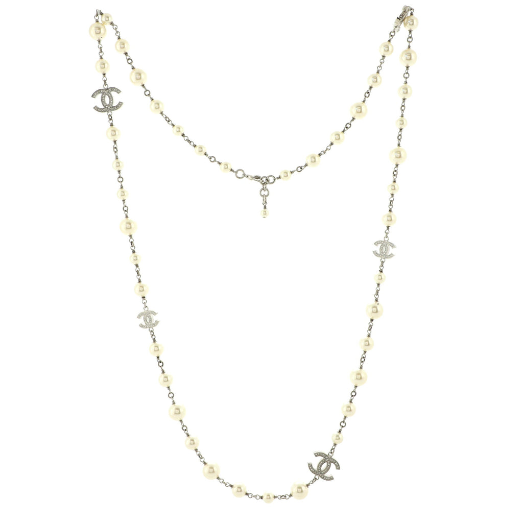 CC Station Long Necklace Metal with Faux Pearls and Crystals