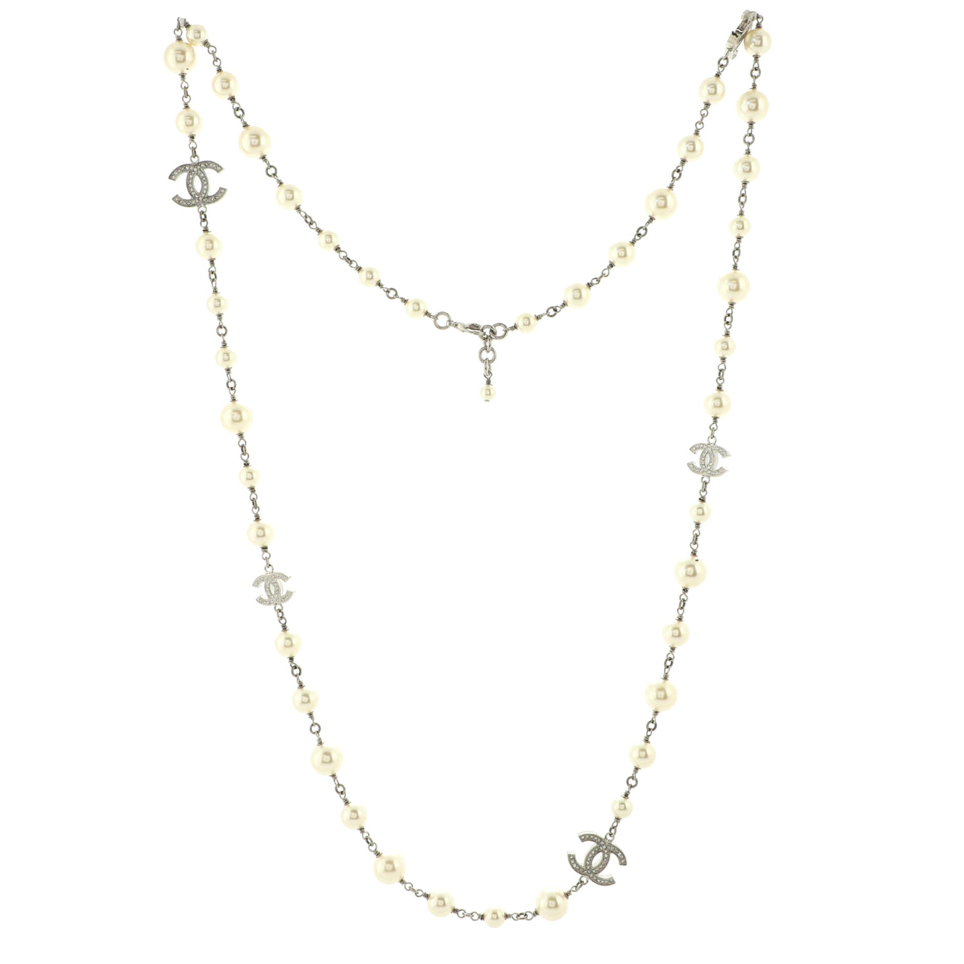 CC Station Long Necklace Metal with Faux Pearls and Crystals