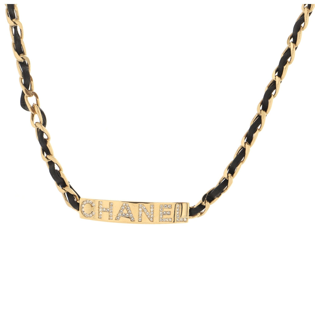 Logo Plate Chain Choker Necklace Metal and Leather with Crystals