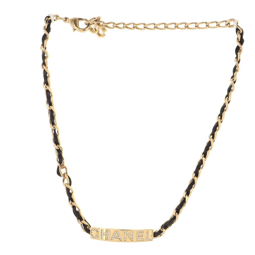 Logo Plate Chain Choker Necklace Metal and Leather with Crystals