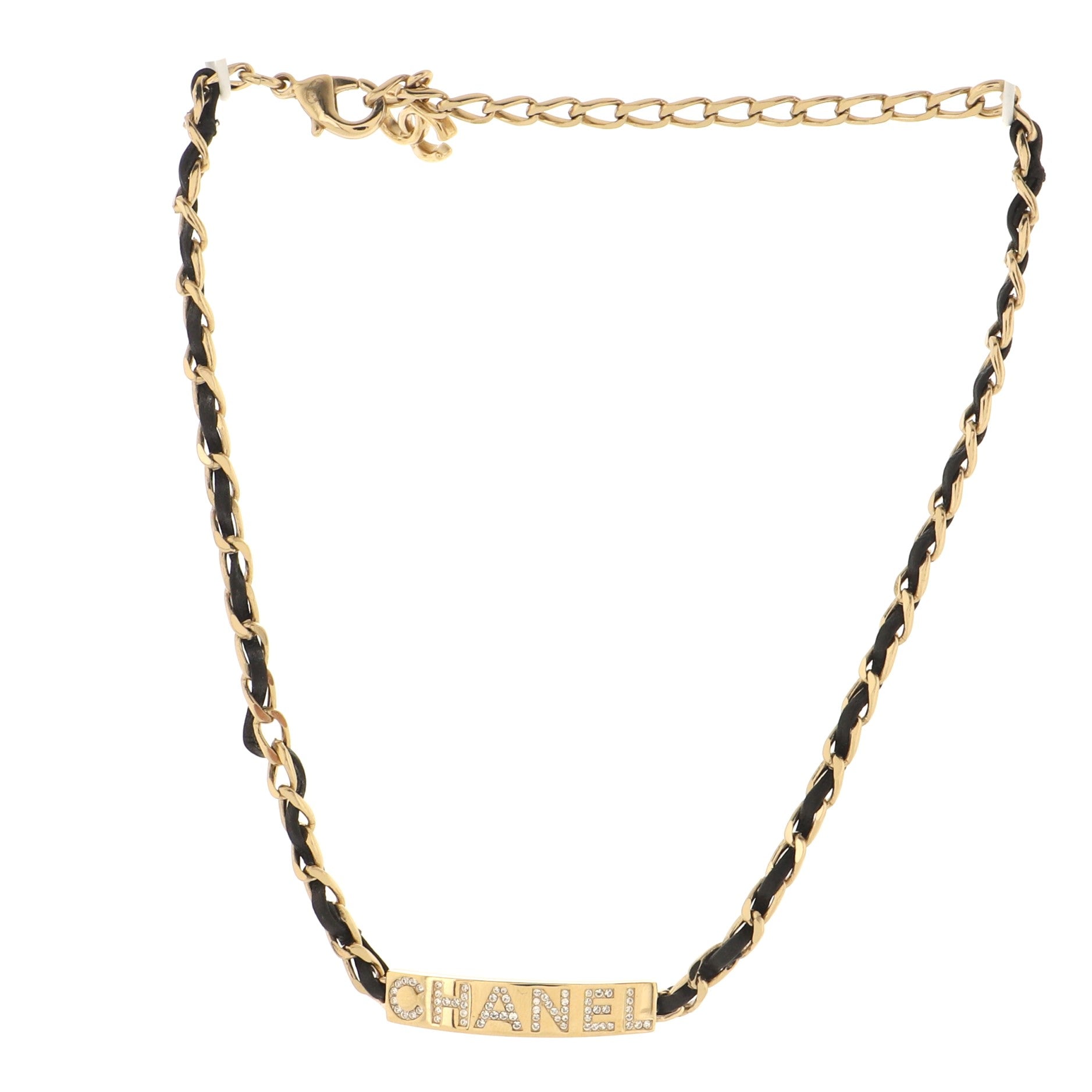 Logo Plate Chain Choker Necklace Metal and Leather with Crystals