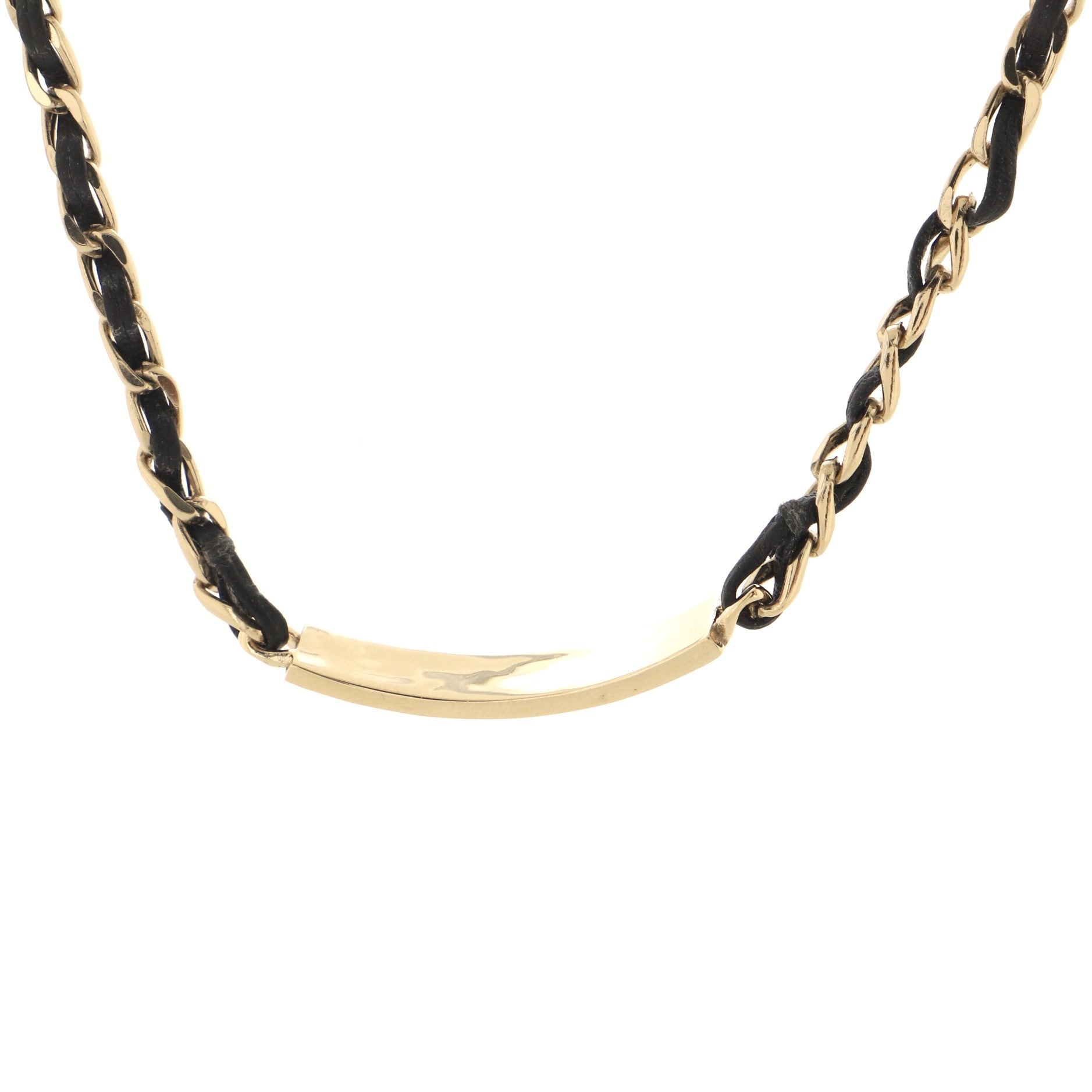 Logo Plate Chain Choker Necklace Metal and Leather with Crystals