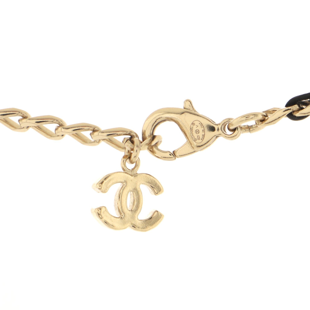 Logo Plate Chain Choker Necklace Metal and Leather with Crystals