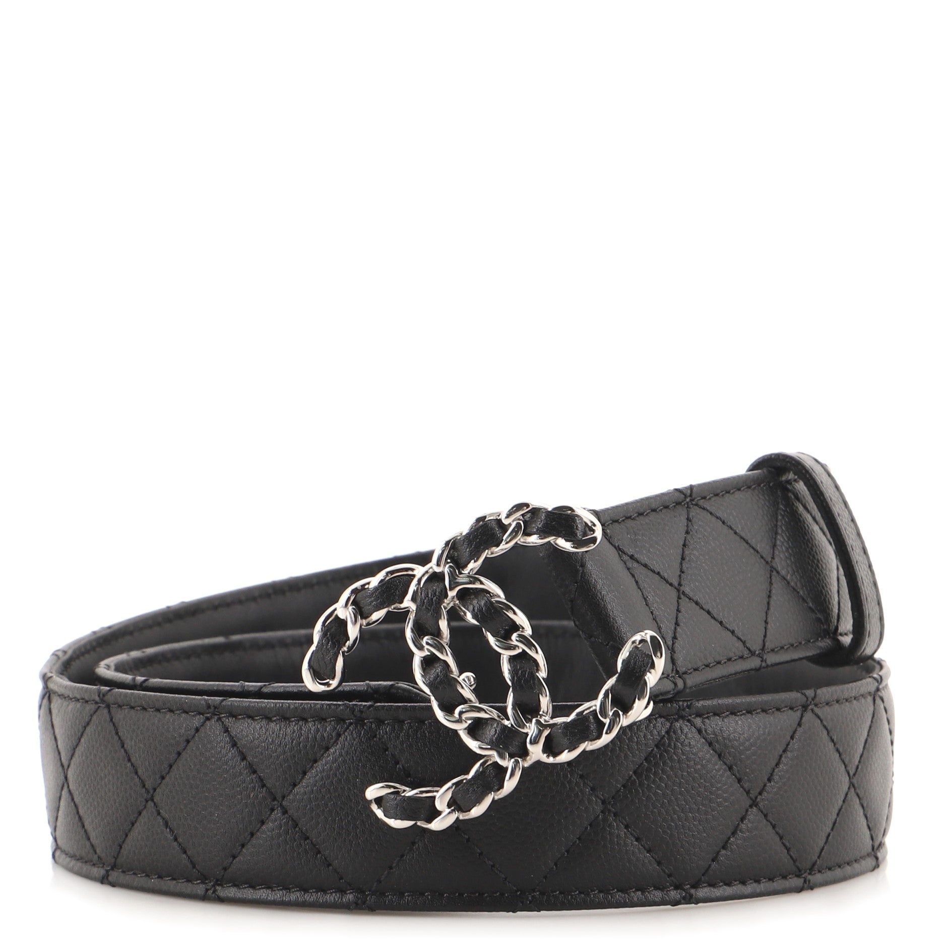 Woven Chain CC Buckle Belt Quilted Caviar Medium 75