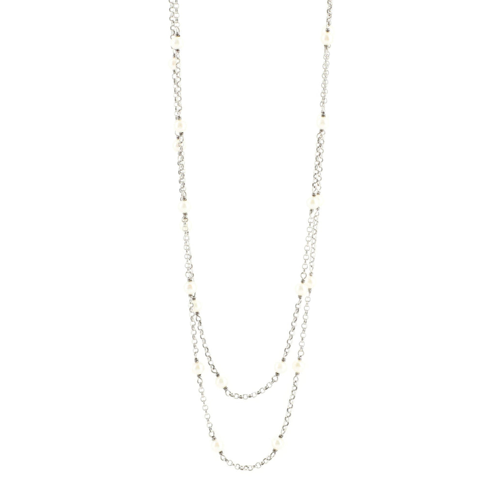 Station Long Necklace Pearls with Sterling Silver